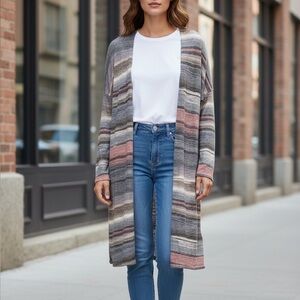 Ginger G Boutique Muted Multicolored Striped Longline Lightweight Knit Caridgan